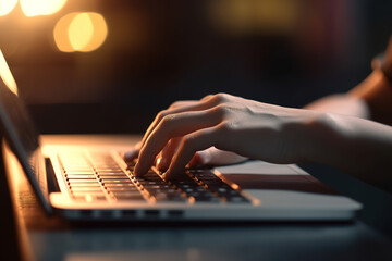 close-up freelancer's hand working on a laptop during the golden hour with warm lighting. Generative ai
