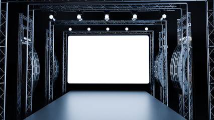 3D render of concert stage with metal frame, Empty stage with lightspots and speakers
