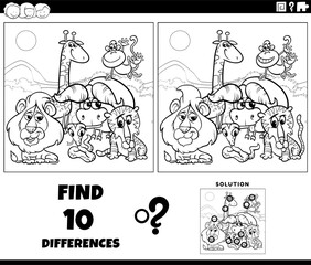 differences task with cartoon Safari animals coloring page
