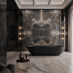 A contemporary marble bathroom with LED accents and a stunning central freestanding black stone marble bathtub. 3d render