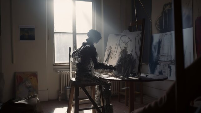 robot painter working in an artist room, futuristic Artificial intelligence replacing human artists