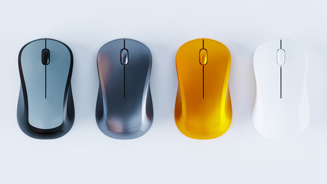 set of 4 computer mouse isolated on white background, top view, 3D render