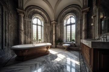 Exquisite marble bathroom with sleek LED lighting, double vanity, and freestanding tub