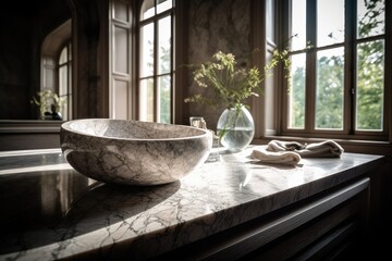 Elegant modern bathroom with natural marble and LED lighting, showcasing double vanity and freestanding tub.