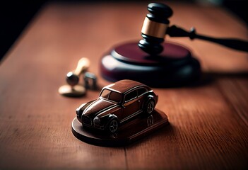 Naklejka na ściany i meble Car auction concept - gavel and car key on the wooden desk The toy car and the judge gavel are on the table. Generative AI