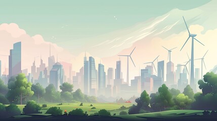 A Clean, Eco-Friendly Urban Landscape: Wind Turbines, Trees, and Skyscrapers. Generative AI