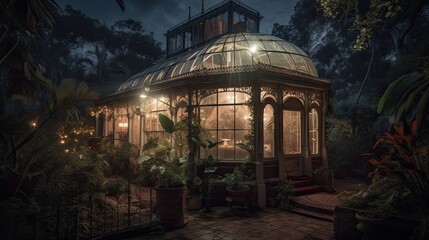 Fototapeta na wymiar A Magical Illuminated Victorian Greenhouse on a Jungle Island in the Most Mystical Night, Generative AI