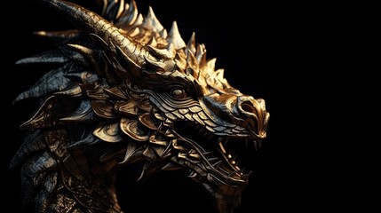 Ancient Gold Dragon Mythology: Metallic Monster in a Sky of Black Background, Generative AI