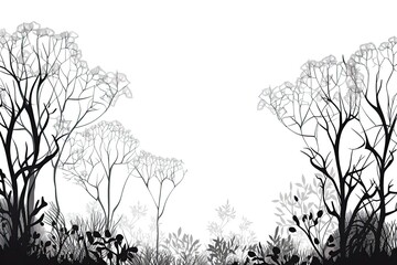 Beautiful Black Frame with Drawn Silhouette of Trees and Grasses, Perfect for Text. Generative AI