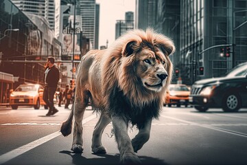 Across the Urban Jungle: A Majestic Lion's Journey Through the City. Generative AI