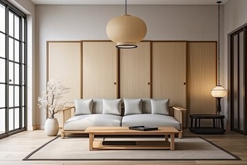 Zen Lifestyle in Japanese-Style Home: Beige Couch and White Frame Wall Mockup in Living Room Background. Generative AI