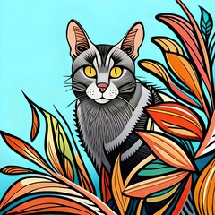 black and white cat with flowers