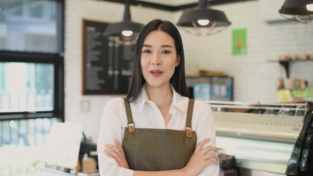 Barista concept of 4k Resolution. The shop owner is interviewing in the coffee shop.