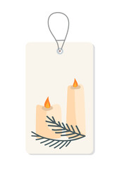 Scandinavian tag with candles. Element of decor and interior for home and apartment. Comfort and coziness. Romantic date and love. Composition in Bohemian style. Cartoon flat vector illustration