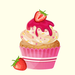 Strawberry cupcake with white cream, sprinkles, pink topping and strawberries. Cute cartoon pink strawberry muffin. Illustration for confectioner or pastry shop