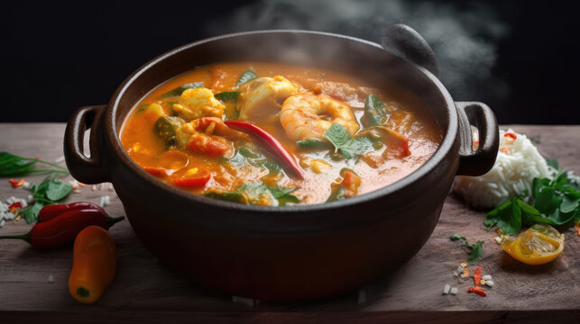 Fish moqueca prepared in clay pot. Typical dish of Brazilian food in Bahia.