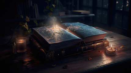 Mysterious Spellbook with Candlelight and Magical Illumination created with Generative Al technology.
