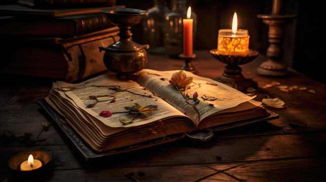 Mysterious Spellbook with Candlelight and Magical Illumination created with Generative Al technology.