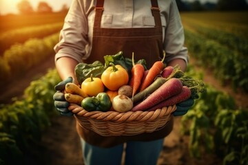 harvesting, farmer holds basket of harvested vegetables against the background of farm. AI generated, human enhanced - obrazy, fototapety, plakaty
