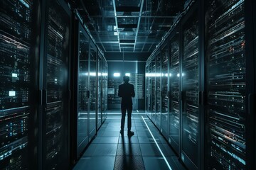 A male Software Architect IT specialist controls the processes in the data center of the neural network. AI generated
