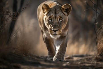 Beautiful lioness in nature in a natural habitat. AI generated, human enhanced - obrazy, fototapety, plakaty