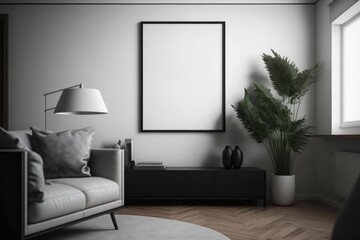 Mockup poster frame on the wall of living room. Modern interior design. Background with selective focus. AI generated