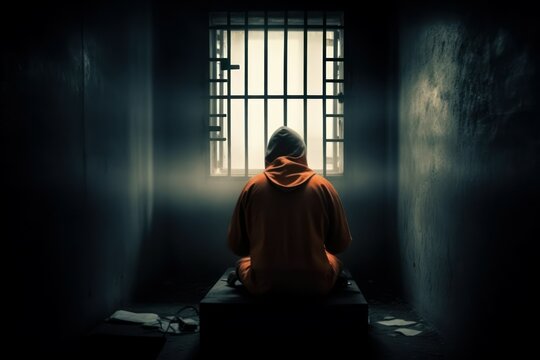 Hacker in prison cell. Selective focus. AI generated, human enhanced