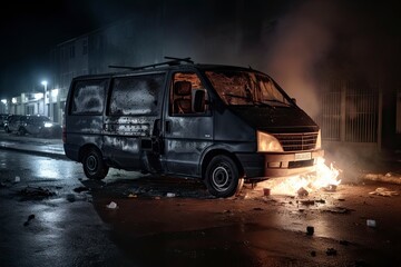 A wrecked van set on fire in a dark street. Generate AI. 