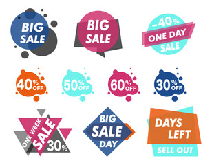 Set of sales icons. Collection of advertising graphic elements for website. Discounts and promotions, special offer. One day sale. Cartoon flat vector illustrations isolated on white background