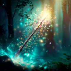 magic wand floating in the middle of a forest, with a lot of magic coming out of its parts and around it