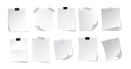White papers set. Collection of graphic elements for website. Place for notes, organization of work and study process. Memo and notepad. Realistic 3d vector illustrations isolated on white background