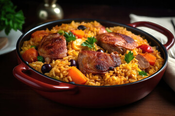 Fototapeta premium Arroz de Pato - A Rich and Flavorful Duck Rice Dish. Generative Ai