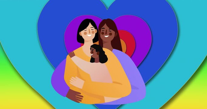 Animation of gay female couple with daughter over rainbow heart background