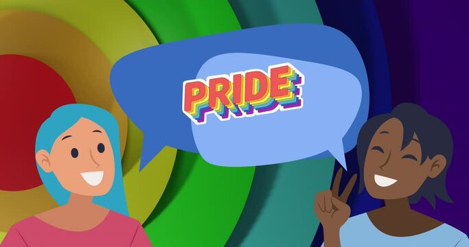 Animation of pride text and gay female couple over rainbow background