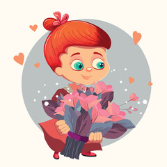 Happy mothers day illustration with woman holding a Flowers. Thank you card with blooming flowers. Use for Boarding Pass, birthday card, invitations, Birthday card Vector illustration