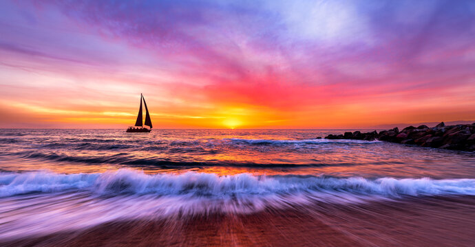 Sunset Ocean Sailboat Inspirational Uplifting Sailing Nature Scenic