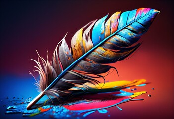 AI generated image of colorful pen feather over paint effect against bright blue background. Generative AI