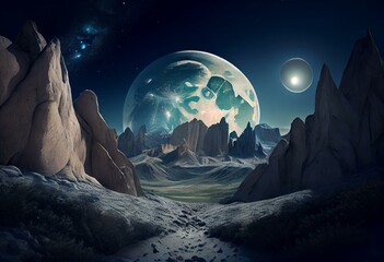 Fototapeta na wymiar illustrazione creata con intelligenza artificiale di mondo surreale con luna e rocche e montagne nei toni dell'azzurro e verde, panorama apocalittico, monto avveniristico. Generative AI