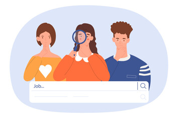 Job search concept. Man and women with magnifying glass. Potential job candidates and unemployed young professionals. Website search engine. Dismissed people. Cartoon flat vector illustration
