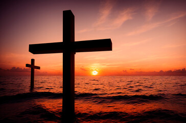 Christian cross in the ocean at sunset. Generative AI.