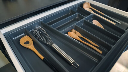 Different utensils in open desk drawer indoors, close up. Kitchen utensil such as spoon, ladle,...