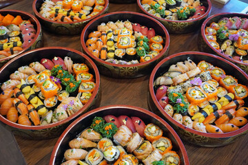 Sushi. Colorful sushi in traditional bento. Sushi box, selective focus
