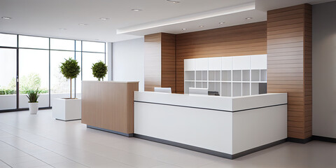 Clean and modern minimalist hospital reception with a white and wood style design. Welcoming and efficient counter area for patients and visitors. Generative AI