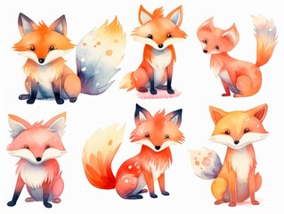 Set of cute, adorable, kawaii fox cartoon, suitable for sticker, clipart, tshirt design. Generative ai