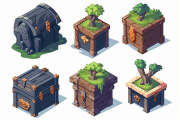 Set of black chest with plant, isometric adventure, fantasy game. Generative ai