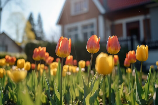 Beautiful tulips blossoming in front of a big house. Generative AI.