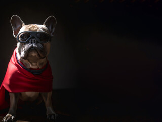 cute french bulldog in a super hero costume - obrazy, fototapety, plakaty