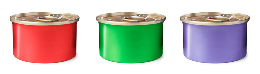 Set of metal cans on white background