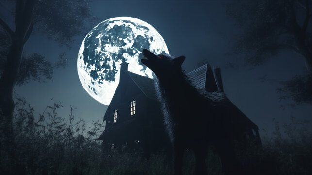 Black wolf or werewolf with glowing red eyes howling at the big moon. Stars in the night sky