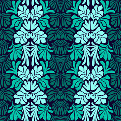 Turquoise green abstract background with tropical palm leaves in Matisse style. Vector seamless pattern with Scandinavian cut out elements.